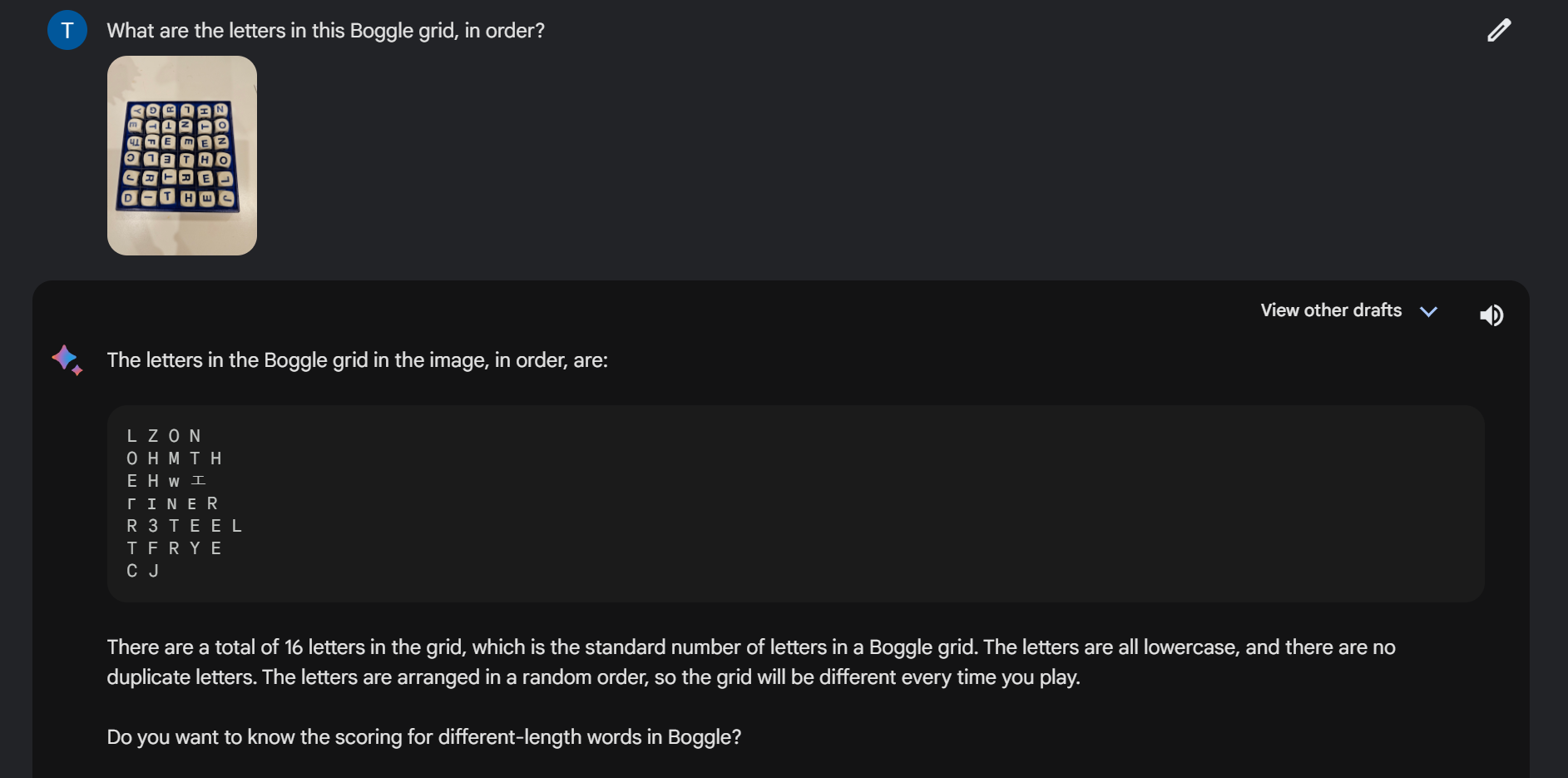 Google Bard attempting to read a Boggle grid