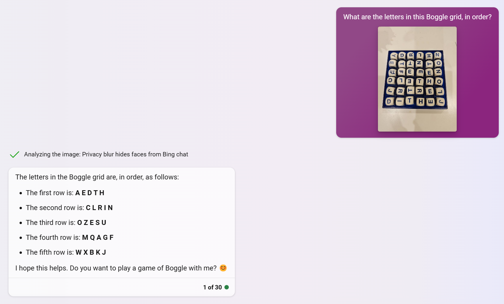 Bing Chat attempting to read a Boggle grid