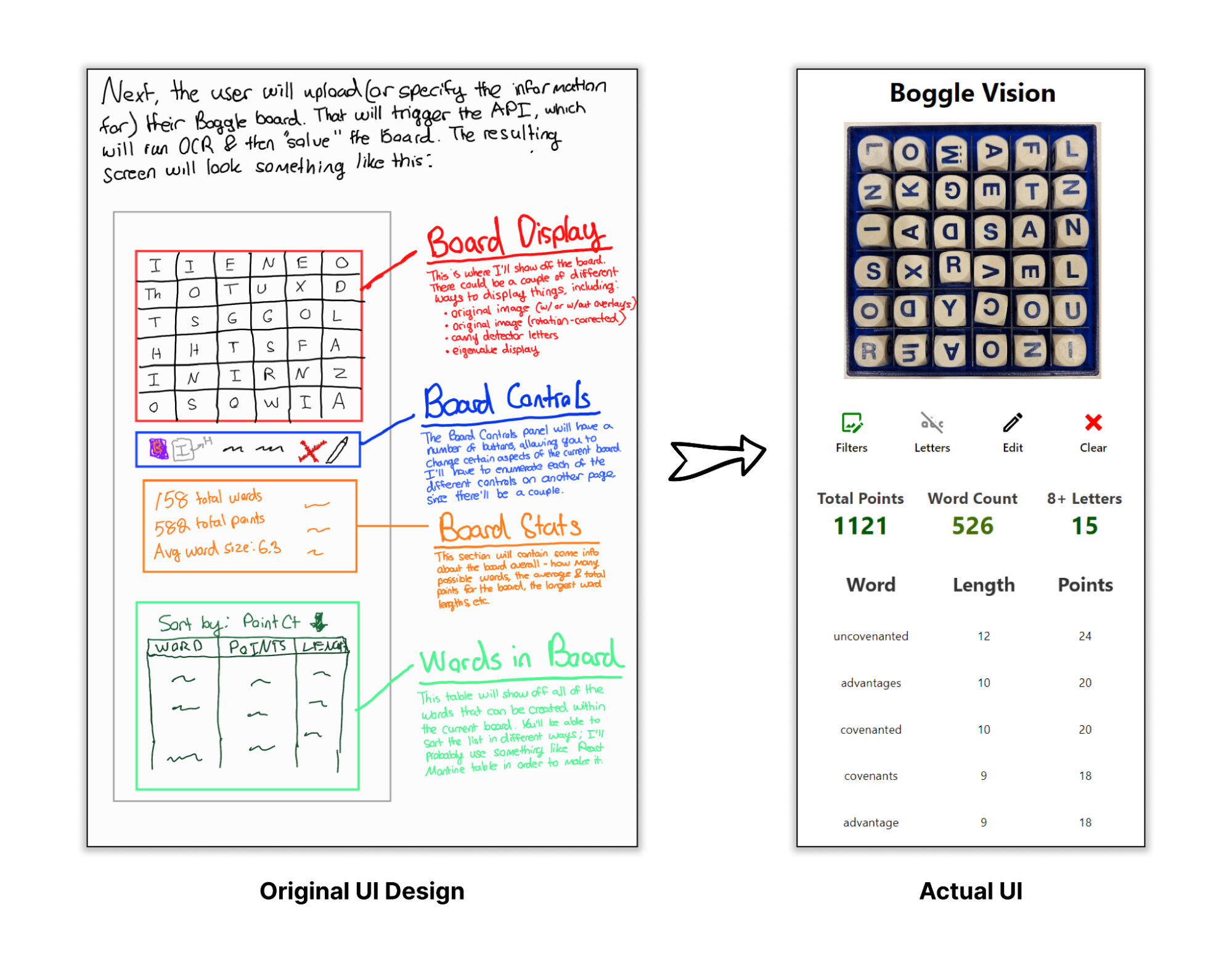 Comparison of original UI design vs actual UI
